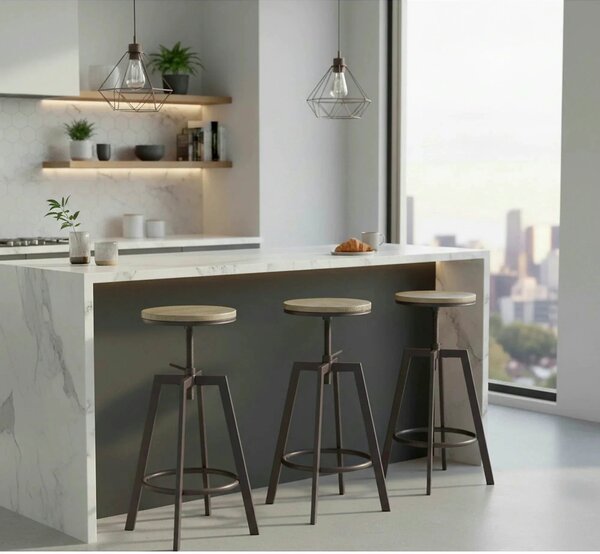 Scaun bar industrial H64, stejar/gri inchis, 30x30x63/80 cm