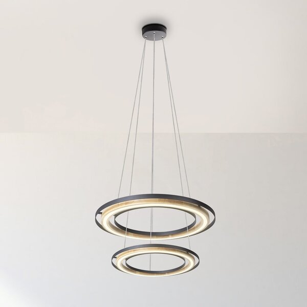 Globo Lampă suspendată LED Rilas, negru/lemn, Ø 57 cm, dimabil, reglabil, Negru, Camera de zi / sufragerie, Metal