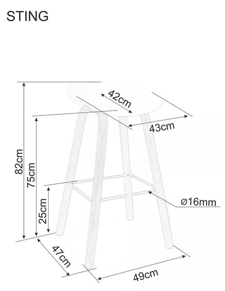 Scaun bar STING, alb/stejar, metal/plastic, 49x47x82 cm
