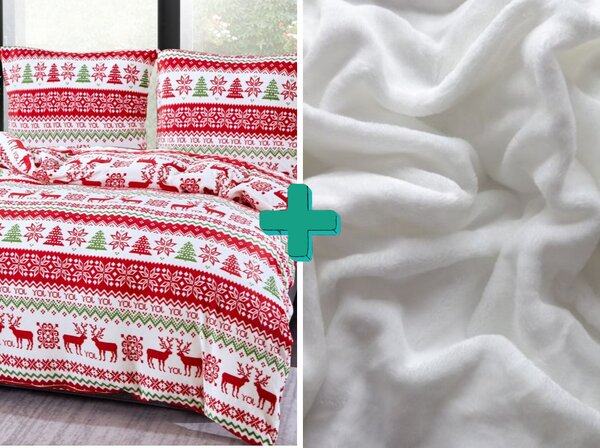 2x lenjerie de pat din microplus CHRISTMAS JOY alb + cearsaf din microplus SOFT 180x200 cm alb