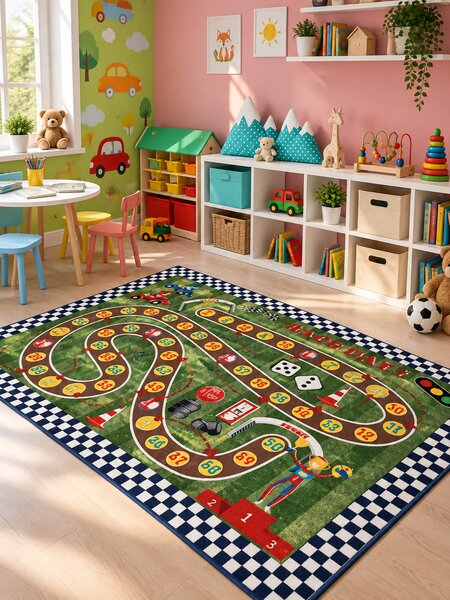 Covor Camera Copii Racing Game, Marime 133 x 190 cm, Verde, Inaltime Fir 10 mm, Antiderapant, Antialergic, Poliamida, Gradinita, Cresa, Loc de Joaca