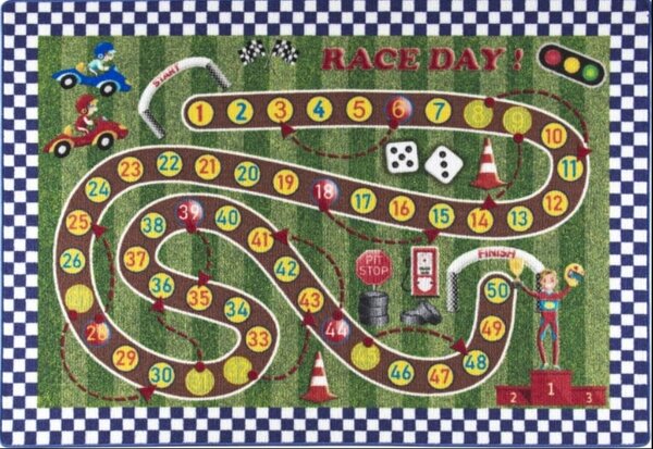 Covor Camera Copii Racing Game, Marime 133 x 190 cm, Verde, Inaltime Fir 10 mm, Antiderapant, Antialergic, Poliamida, Gradinita, Cresa, Loc de Joaca
