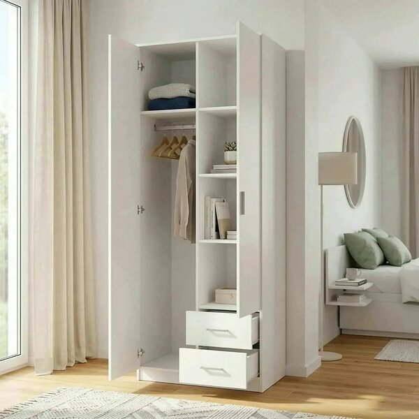 Dulap LIMA S2, alb, PAL laminat, cu 2 usi si 2 sertare, 80x52x205 cm