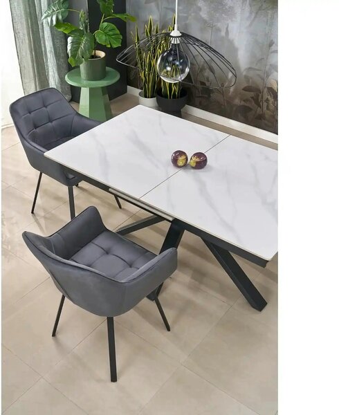 Masa extensibila PLATAN, alb cu efect de marmura/negru, piatra sinteri