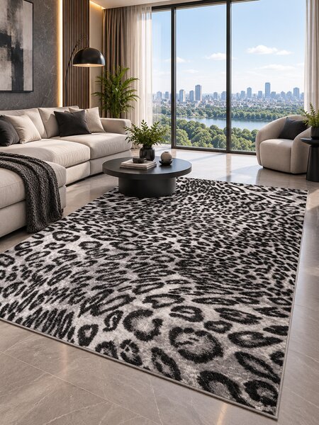 Covor Leopard 11066-190, Marime 120 x 170 cm, Gri, Inaltime Fir 9 mm, Antialergic, Polipropilena, Living, Dormitor, Sufragerie, Birou 120 x 170