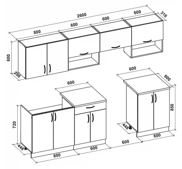 Set bucatarie VIOLA, stejar sonoma/alb/alb lucios, PAL, 260 cm