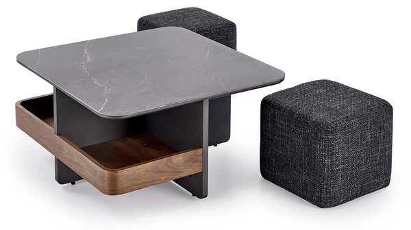 Set masuta cafea si 2 taburete VICKER, negru cu efect de marmura/nuc/g