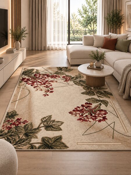 Covor Floral 1511-110, Marime 80 x 150 cm, Crem, Maro, Inaltime Fir 8 mm, Antialergic, Polipropilena, Living, Dormitor, Sufragerie, Birou 80 x 150