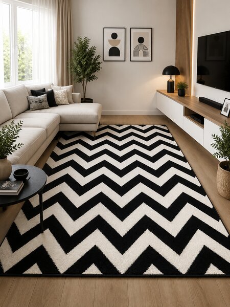 Covor Black White 18001-900, Marime 160 x 230 cm, Alb, Negru, Inaltime Fir 8 mm, Antialergic, Polipropilena, Living, Dormitor, Sufragerie, Birou 160