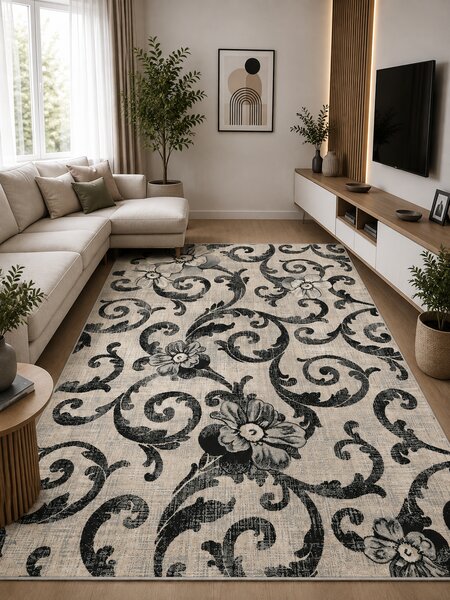 Covor Cappuccino 16003-81, Marime 60 x 110 cm, Gri, Inaltime Fir 7 mm, Antialergic, Polipropilena, Living, Dormitor, Sufragerie, Birou 60 x 110