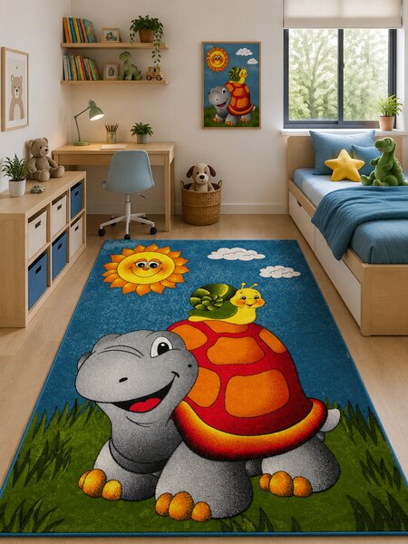 Covor Camera Copii Broasca Testoasa 11111, Marime 80 x 150 cm, Multicolor, Inaltime Fir 9 mm, Antialergic, Polipropilena, Gradinita, Cresa, Loc de