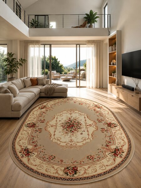 Covor Oval Lotos 507-100, Marime 60 x 110 cm, Bej, Crem, Inaltime Fir 8 mm, Antialergic, Polipropilena, Living, Dormitor, Sufragerie, Birou 60 x 110
