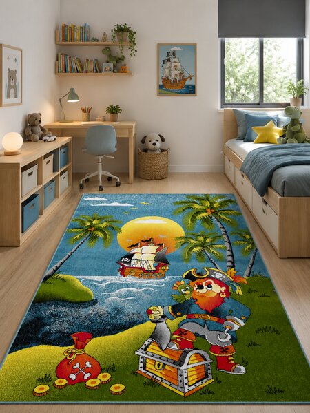 Covor Camera Copii Pirati 11059-180, Marime 80 x 150 cm, Multicolor, Inaltime Fir 9 mm, Antialergic, Polipropilena, Gradinita, Cresa, Loc de Joaca 80