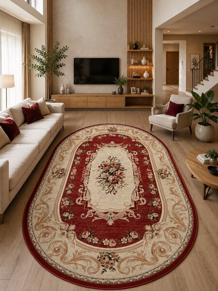Covor Oval Lotos 535-210, Marime 60 x 110 cm, Crem, Rosu, Inaltime Fir 8 mm, Antialergic, Polipropilena, Living, Dormitor, Sufragerie, Birou 60 x 110