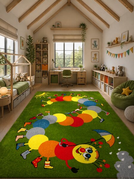 Covor Camera Copii Omida 11057-130, Marime 160 x 230 cm, Verde, Inaltime Fir 9 mm, Antialergic, Polipropilena, Gradinita, Cresa, Loc de Joaca 160 x