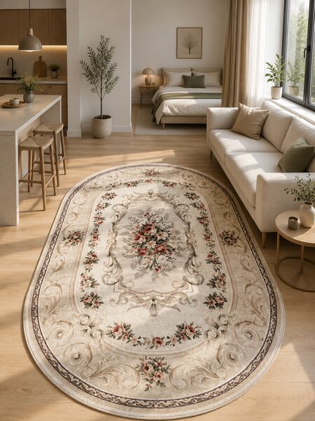Covor Oval Lotos 535-106, Marime 60 x 110 cm, Bej, Crem, Inaltime Fir 8 mm, Antialergic, Polipropilena, Living, Dormitor, Sufragerie, Birou 60 x 110