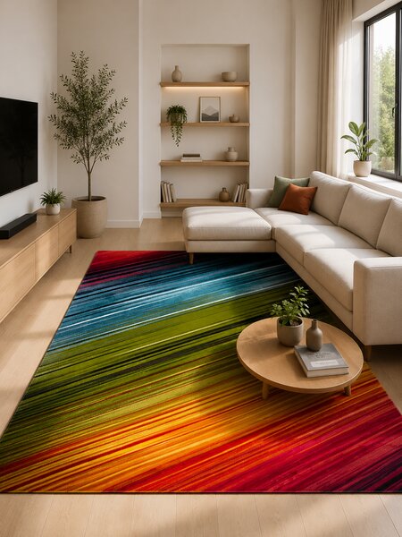 Covor Stripes 11009-130, Marime 120 x 170 cm, Multicolor, Inaltime Fir 9 mm, Antialergic, Polipropilena, Living, Dormitor, Sufragerie, Birou 120 x 170