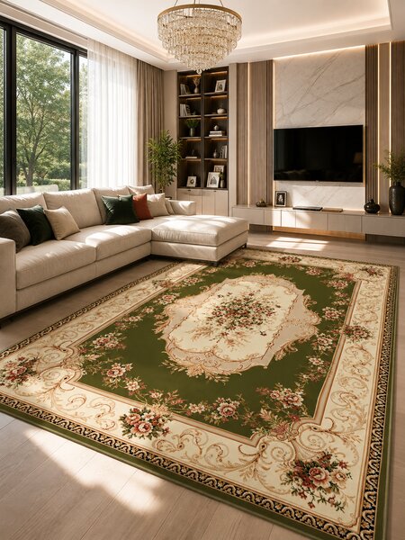 Covor Lotos 507-301, Marime 60 x 110 cm, Crem, Verde, Inaltime Fir 8 mm, Antialergic, Polipropilena, Living, Dormitor, Sufragerie, Birou 60 x 110