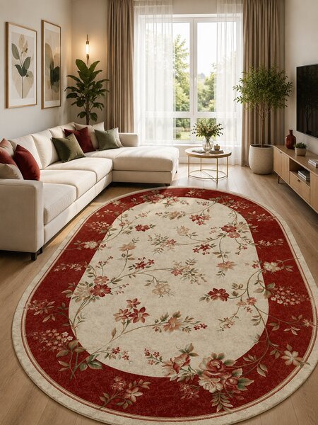 Covor Oval Lotos 551-120, Marime 60 x 110 cm, Crem, Rosu, Inaltime Fir 8 mm, Antialergic, Polipropilena, Living, Dormitor, Sufragerie, Birou 60 x 110