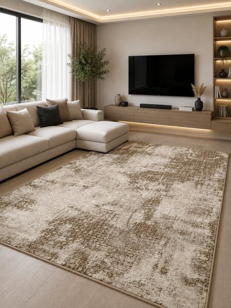Covor Cappuccino 16115-12, Marime 60 x 110 cm, Bej, Maro, Inaltime Fir 7 mm, Antialergic, Polipropilena, Living, Dormitor, Sufragerie, Birou 60 x 110