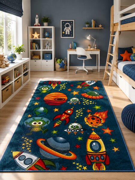 Covor Camera Copii Cosmos 11200-140, Marime 80 x 150 cm, Albastru, Inaltime Fir 9 mm, Antialergic, Polipropilena, Gradinita, Cresa, Loc de Joaca 80 x