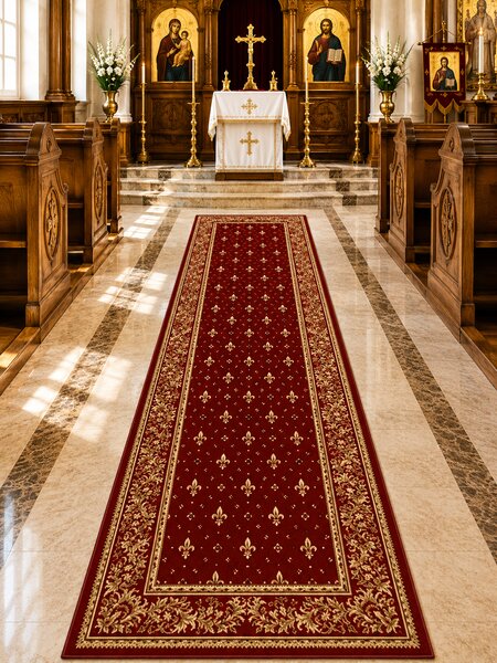 Covor Bisericesc Lotos 15033-210, Marime 80 x 150 cm, Grena, Rosu, Inaltime Fir 8 mm, Antialergic, Polipropilena, Manastire, Biserica, Altar, Naos