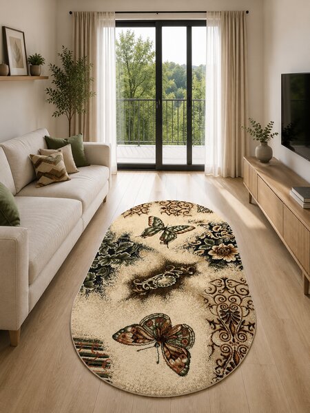 Covor Oval Fluturi 1607-110, Marime 80 x 150 cm, Bej, Maro, Inaltime Fir 8 mm, Antialergic, Polipropilena, Living, Dormitor, Sufragerie, Birou 80 x