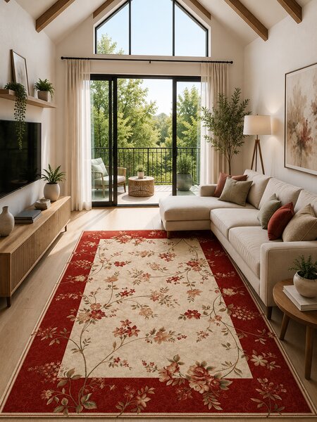 Covor Lotos 551-120, Marime 50 x 80 cm, Crem, Rosu, Inaltime Fir 8 mm, Antialergic, Polipropilena, Living, Dormitor, Sufragerie, Birou 50 x 80