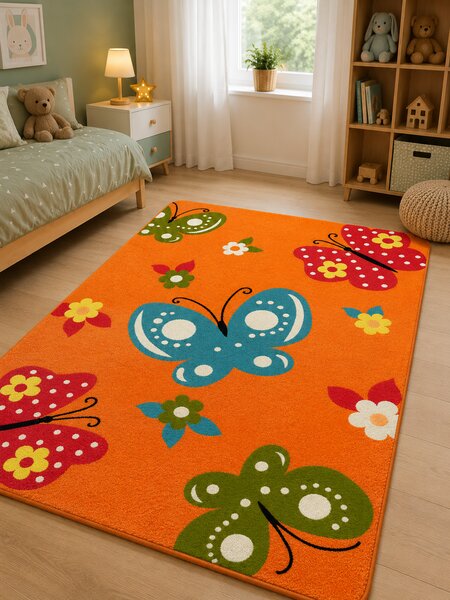 Covor Camera Copii Fluturi 11206-160, Marime 160 x 230 cm, Portocaliu, Inaltime Fir 9 mm, Antialergic, Polipropilena, Gradinita, Cresa, Loc de Joaca