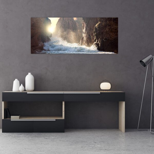 Tablou - Stânci și valuri ale oceanului (120x50 cm)