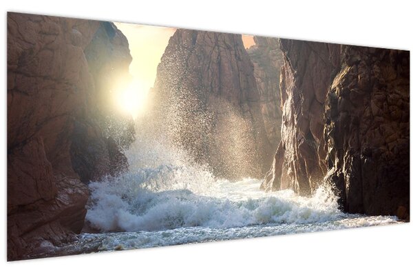 Tablou - Stânci și valuri ale oceanului (120x50 cm)