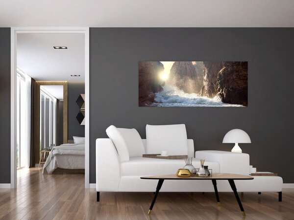 Tablou - Stânci și valuri ale oceanului (120x50 cm)