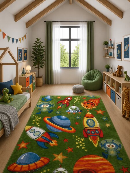 Covor Camera Copii Cosmos 11200-130, Marime 80 x 150 cm, Verde, Inaltime Fir 9 mm, Antialergic, Polipropilena, Gradinita, Cresa, Loc de Joaca 80 x 150
