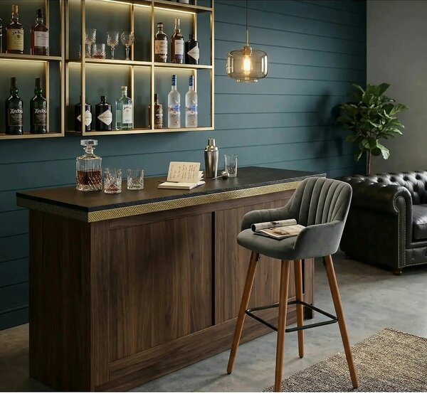 Scaun bar H93, gri inchis/nuc, stofa/lemn, 47x49x98 cm