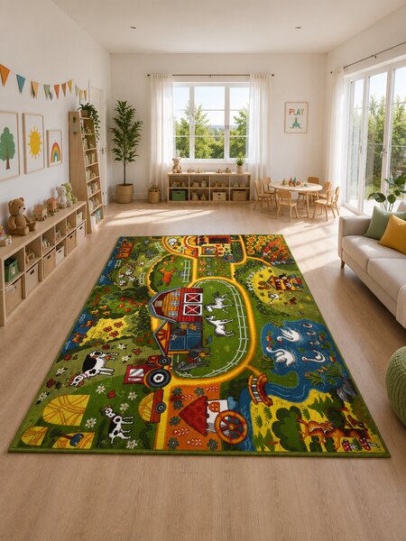 Covor Camera Copii Ferma 11287-120, Marime 100 x 200 cm, Multicolor, Inaltime Fir 9 mm, Antialergic, Polipropilena, Gradinita, Cresa, Loc de Joaca 100