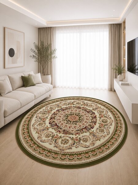 Covor Rotund Lotos 539-130, Marime 150 x 150 cm, Crem, Verde, Inaltime Fir 8 mm, Antialergic, Polipropilena, Living, Dormitor, Sufragerie, Birou 150 x