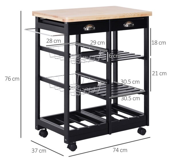 HOMCOM Cărucior de Bucătărie Multifuncțional din Lemn de Pin, 74x37x75 cm, Negru | Aosom Romania
