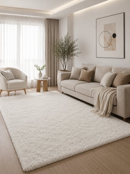 Covor Premium Belgian LOP 060, Marime 50 x 80 cm, Alb, Inaltime Fir 23 mm, Antiderapant, Antialergic, Poliester, Living, Dormitor, Sufragerie, Birou