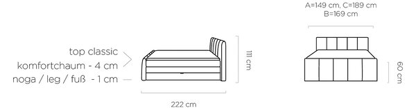 Pat boxspring FRESCO 140x200, stofa catifelata gri deschis - Royal Vel