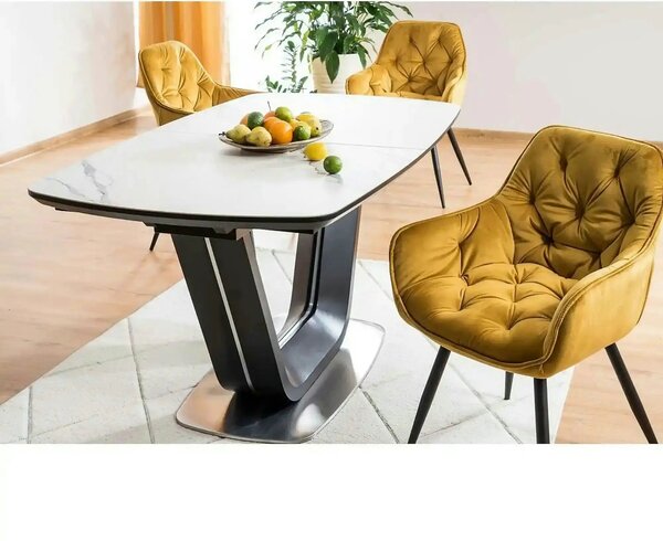 Scaun tapitat modern CHERRY, galben/negru, stofa catifelata/metal, 58x