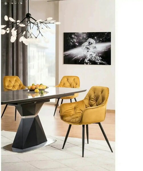 Scaun tapitat modern CHERRY, galben/negru, stofa catifelata/metal, 58x