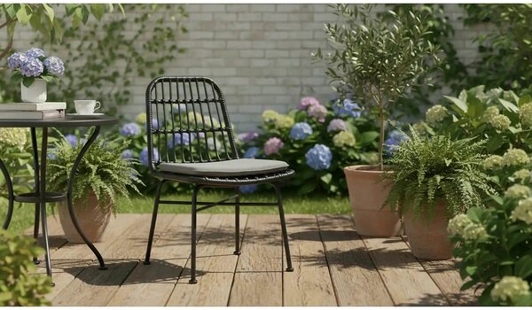Scaun de gradina K401, gri/negru, rattan sintetic/otel, 47x45x85x43 cm