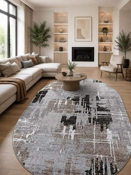 Covor Oval Mira 24037-123, Marime 50 x 80 cm, Gri, Maro, Inaltime Fir 6 mm, Antialergic, Polipropilena, Living, Dormitor, Sufragerie, Birou 50 x 80