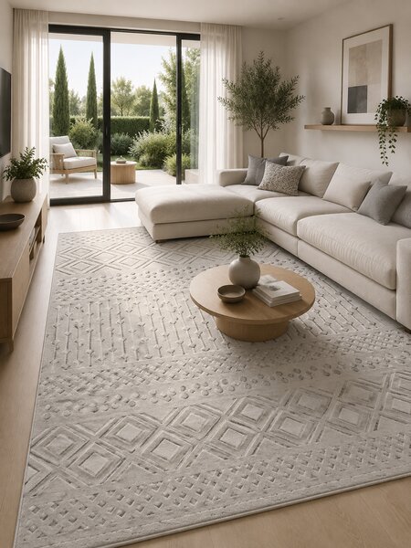 Covor Oksi 38003-100, Marime 60 x 110 cm, Alb, Gri, Inaltime Fir 6 mm, Antialergic, Polipropilena, Living, Dormitor, Sufragerie, Birou 60 x 110