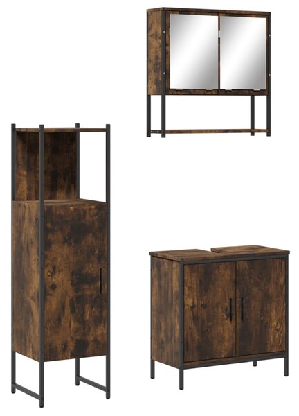 Set mobilier de baie, 3 piese, stejar fumuriu, lemn prelucrat