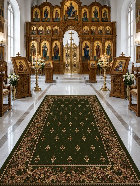 Covor Bisericesc Lotos 15033-310, Marime 80 x 150 cm, Verde, Inaltime Fir 8 mm, Antialergic, Polipropilena, Manastire, Biserica, Altar, Naos, Pronaos
