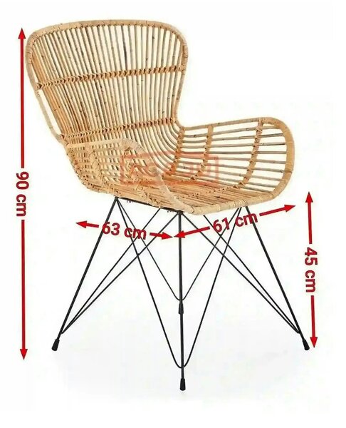 Scaun de gradina K335, bej/negru, rattan natural/otel, 61x63x90x45 cm