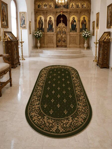 Covor Oval Bisericesc Lotos 15033-310, Marime 150 x 230 cm, Verde, Inaltime Fir 8 mm, Antialergic, Polipropilena, Manastire, Biserica, Altar, Naos