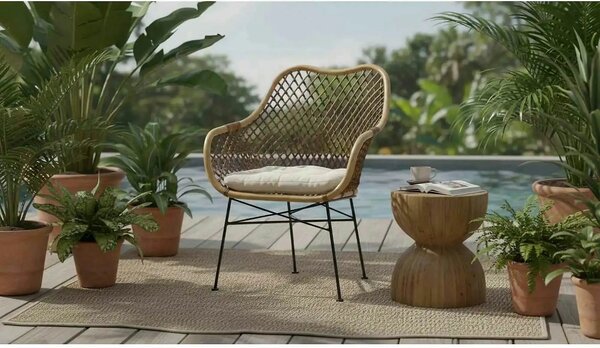 Scaun terasa K336, stejar/maro inchis, ratan natural/metal, 64X64X89 C