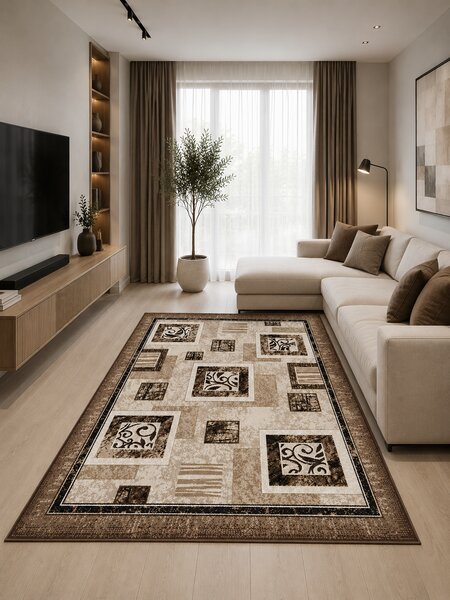 Covor Luna 1835-12, Marime 60 x 110 cm, Crem, Maro, Inaltime Fir 6 mm, Antialergic, Polipropilena, Living, Dormitor, Sufragerie, Birou 60 x 110